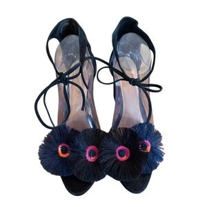 Loeffler Randall Black Suede Pom Pom Block Heel Sandals Lace Up Womens 9B